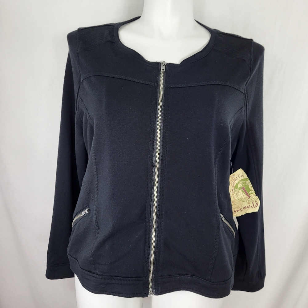 One World Black Zip JACKET Womens Size 1X Stretch Knit Long Sleeve Pockets NWT